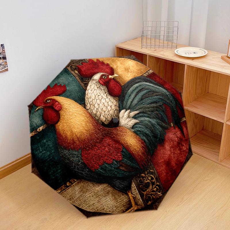 1 PC Automatic Folding Umbrella - Roosters Pattern, Portable & Foldable Design with 8 Ribs, Christmas Birthday Gifts