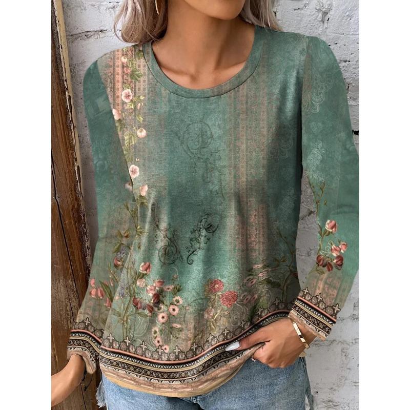 

women s Vintage Floral Landscape Print Crew Neck Long Sleeve T Shirt Casual Daily Blouse Top S зелёный