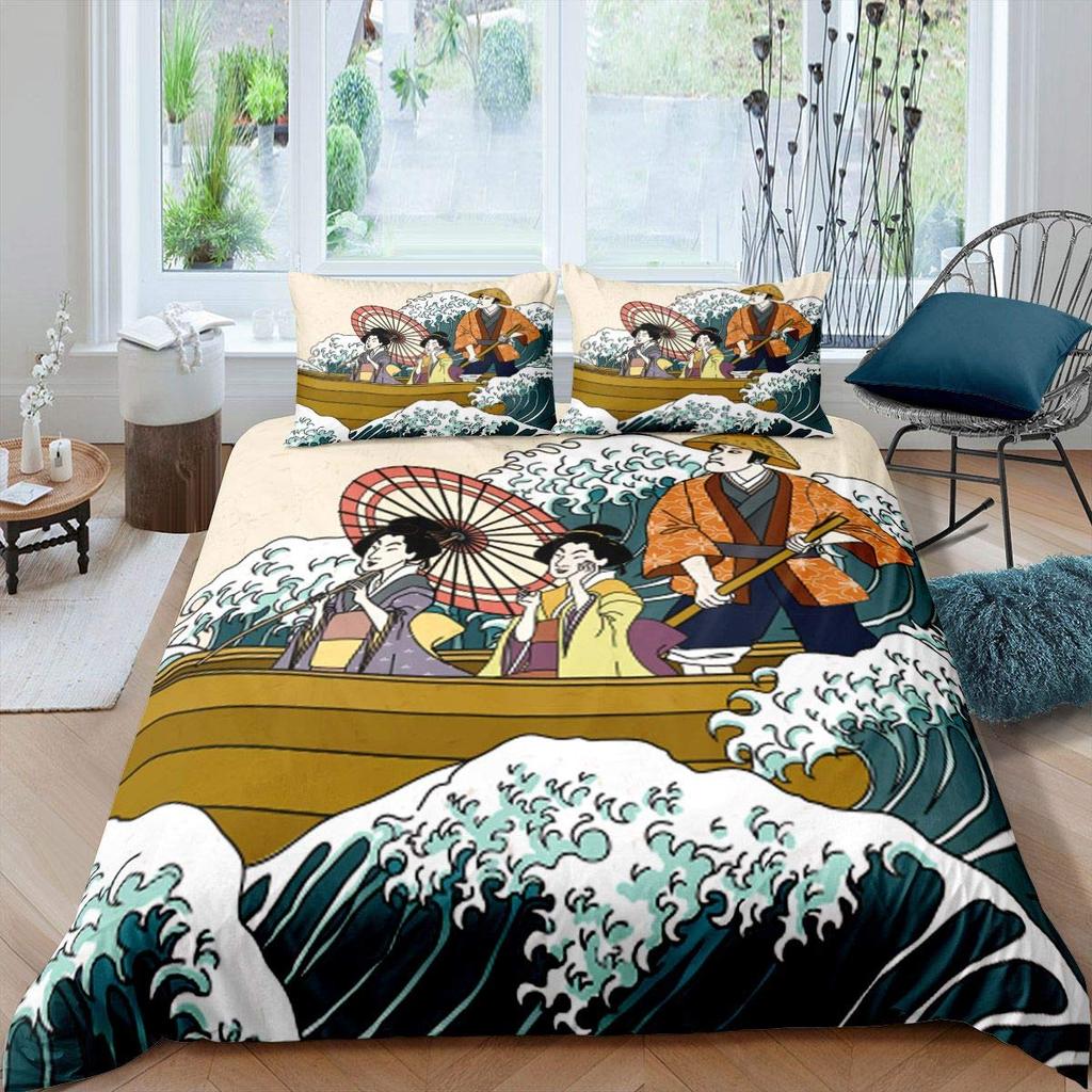 Japanese Style King Queen Duvet Cover Koi Fish Cherry Bedding Set Ukiyo-E Geisha Quilt Cover Sun Crane Polyester Comforter Cover