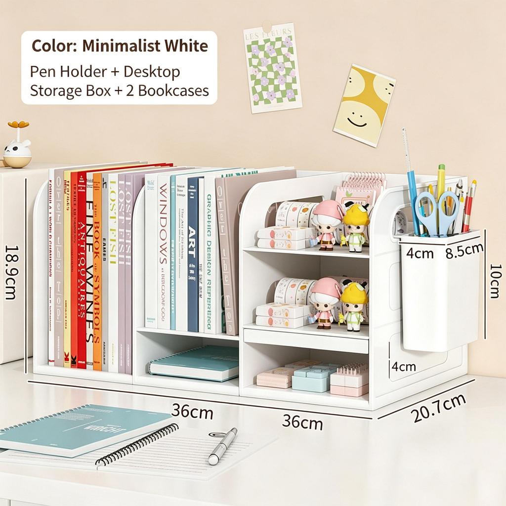 Desktop Bookshelf Organizer with Drawers and Pen Holder Desk Storage Caddy for Office Supplies Books Stationery Home Office School Dorm Desk Organizer
