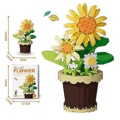 Zusammengebauter Baustein Blumenstrauß - Topfrose und Sonnenblume Geschenk für kreatives Innendesign