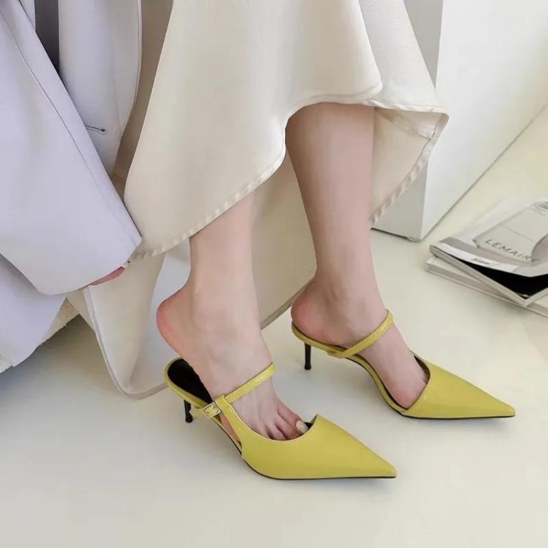 New Chic Pointed Toe Stiletto Pump Sandals Woman  Slip-on Mule Slides Ladies Elegant Buckle Strap High Heel Evening Party Shoes