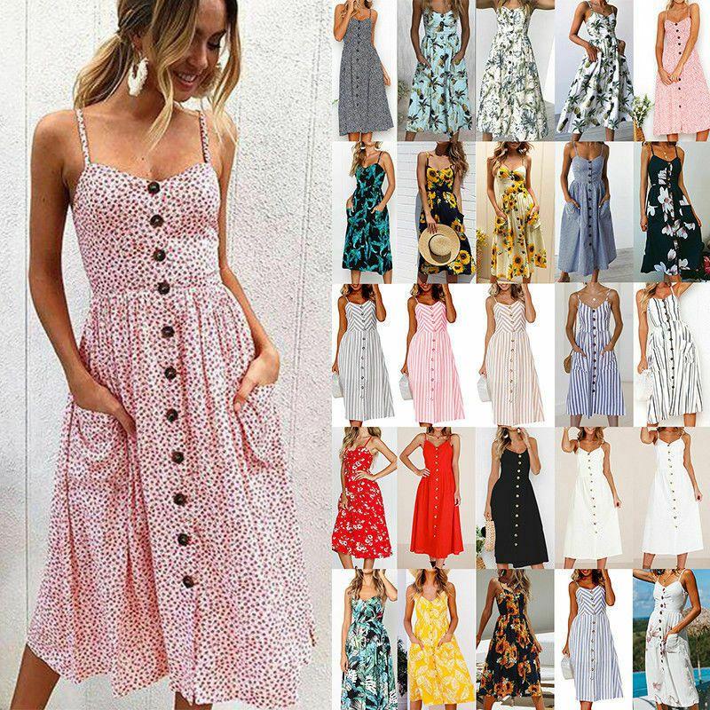 Stylish Boho Women's Summer Beach Midi Dress With Strappy Design And Button Pockets