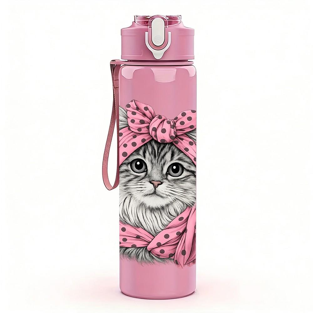1PC Cute Kitty Wearing Pink Bow Print 750ml Color Plastic Sports Water Bottle Leakproof Flip Straw Lid Suitable for Sports Office Home Use