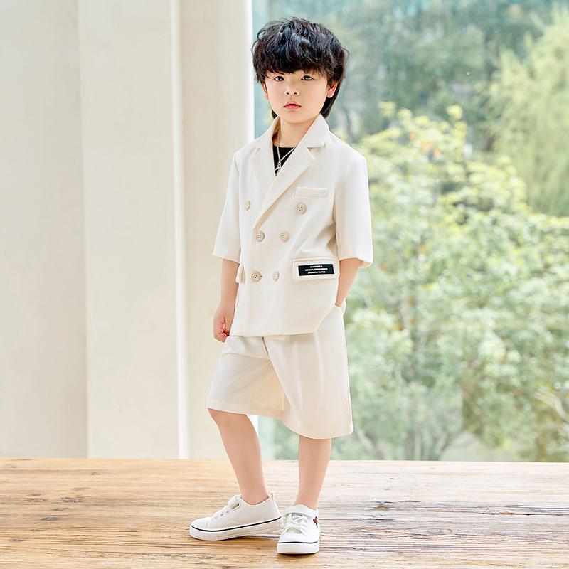 Boys' Summer Casual Short Sleeve Blazer Set - Dapper British Floral Suit for Kids' Performances