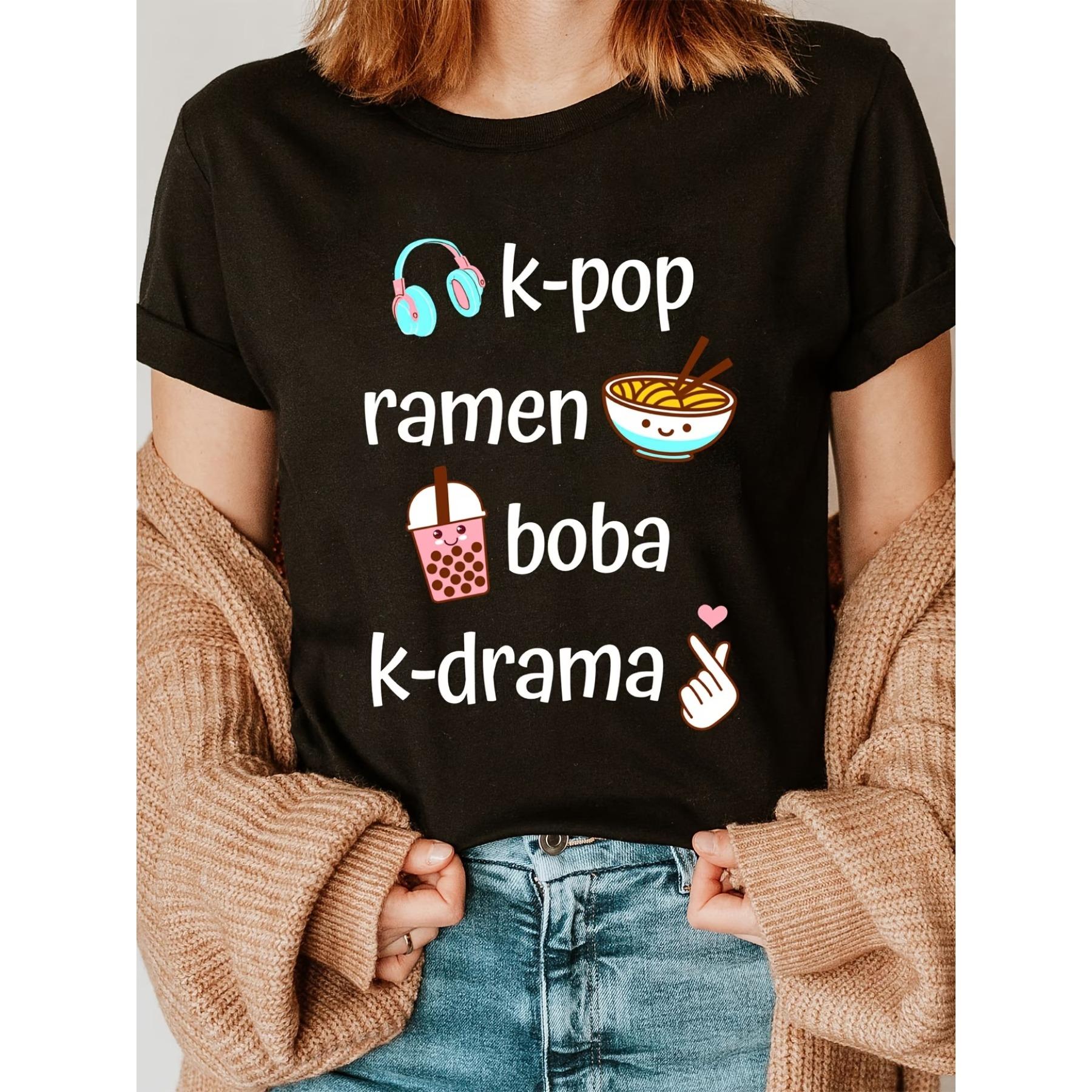 

Headphone Ramen Milk Tea Fashion Letter Print T-shirt, Short Sleeve Crew Neck Casual Top for Summer & Spring S чёрный