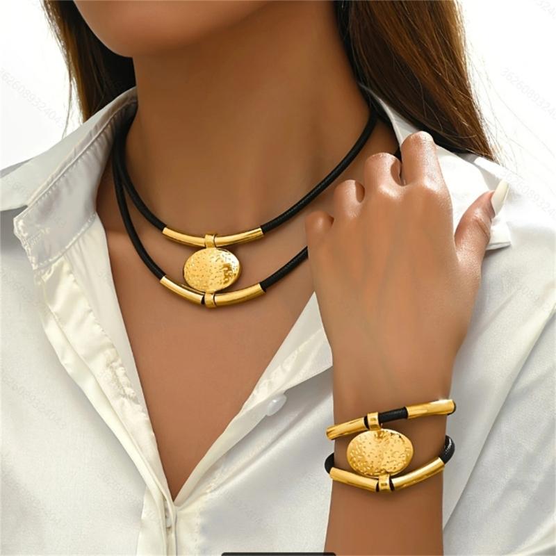 Bohemian Necklace Bracelet Set Vintage Multi Layer PU Leather Rope and Oval Metal Pendant Jewelry Accessories for Women