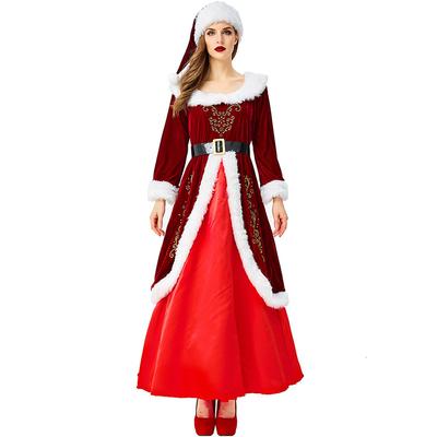 Adult Women Christmas Xmas Red Velvet Hat Dress Gown Set Halloween Role Play Dress Up Cosplay Costume