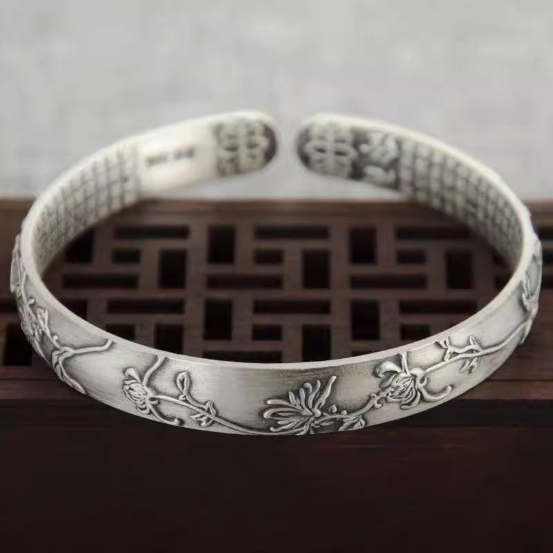 S999 Sterling Silver Retro Matte Plum Blossom Lotus Ginkgo Leaf Openable Women's Bracelet Bangle