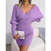 Fashion Long Sleeve Green Sweater Dress Women Casual Cross V-neck Knitted Dress Woman Autumn Winter Sexy Dresses 23849