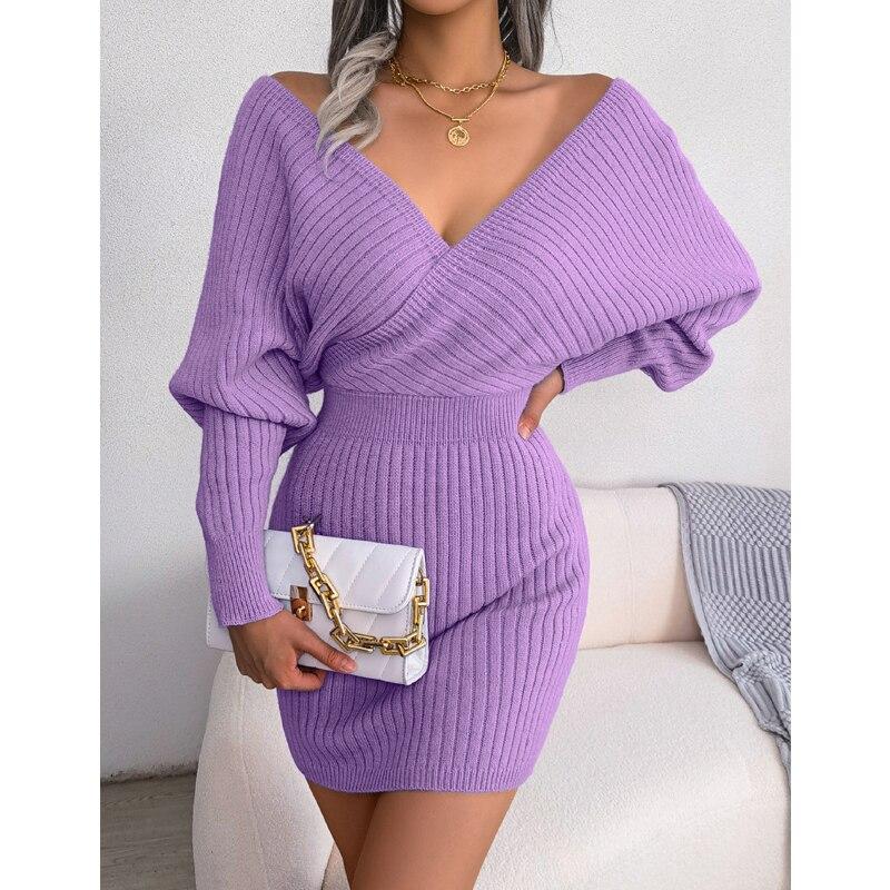 Fashion Long Sleeve Green Sweater Dress Women Casual Cross V-neck Knitted Dress Woman Autumn Winter Sexy Dresses 23849