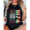 T-shirt Graphique Vintage 1974 Grande Taille pour Femmes Édition Limitée Impression Dégradée Col Rond Manches Courtes Décontracté Haut d'Anniversaire