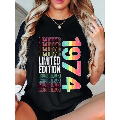 T-shirt Grafica Vintage 1974 Taglie Forti da Donna Edizione Limitata Stampa Degradé Girocollo Manica Corta Top Casual per il Compleanno