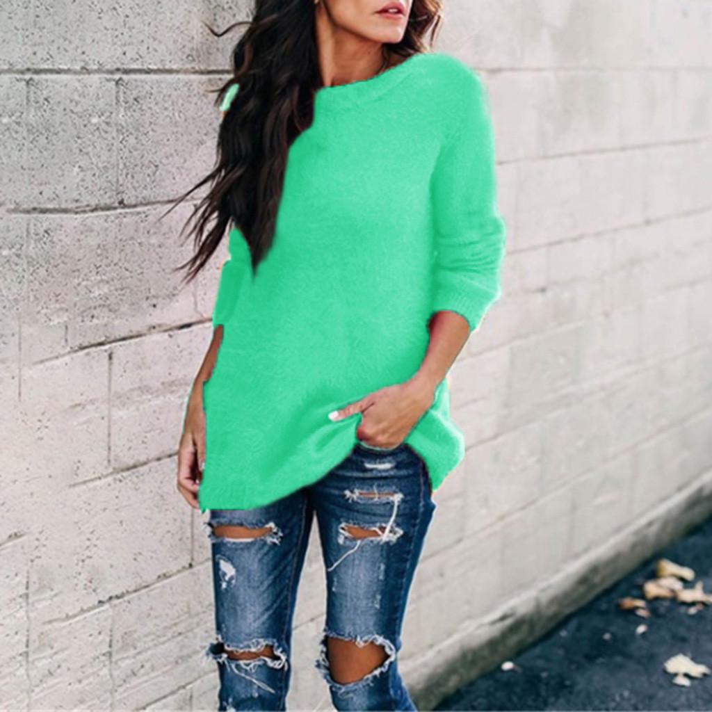 Women Ladies Fashion Winter Plush Solid Round Neck Long Sleeve Sweater Blouse