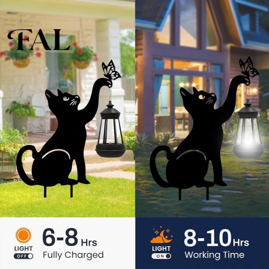 Black Cat Silhouette Stakes Solar Lantern, Garden Stake Light, Waterproof Gnome Frog Landscape Lighting for Path Statue, Outdoor Lamp Front Porch