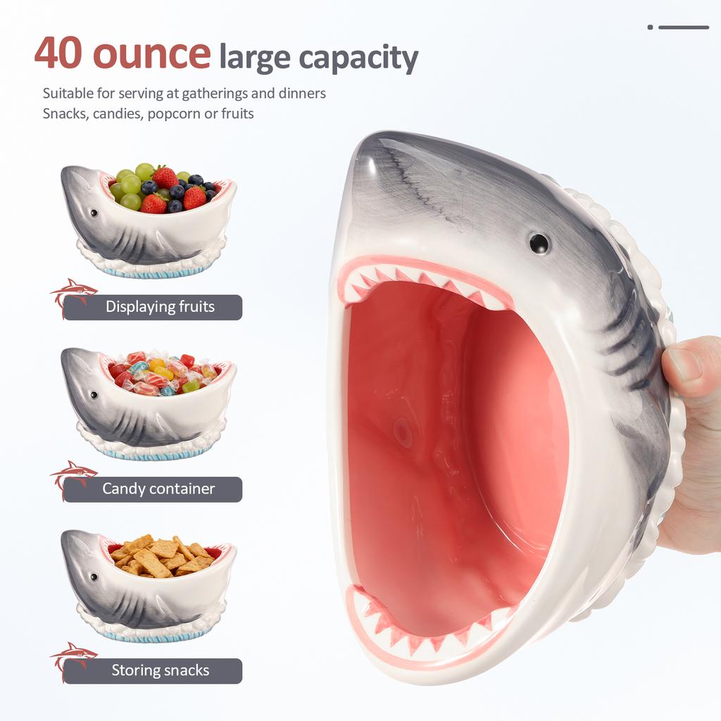 3D Shark Attack Bowl 40 OZ Large Capacity Ceramic Shark Shape Snack Bowl Decorative Candy Popcorn Container for Party Decoration