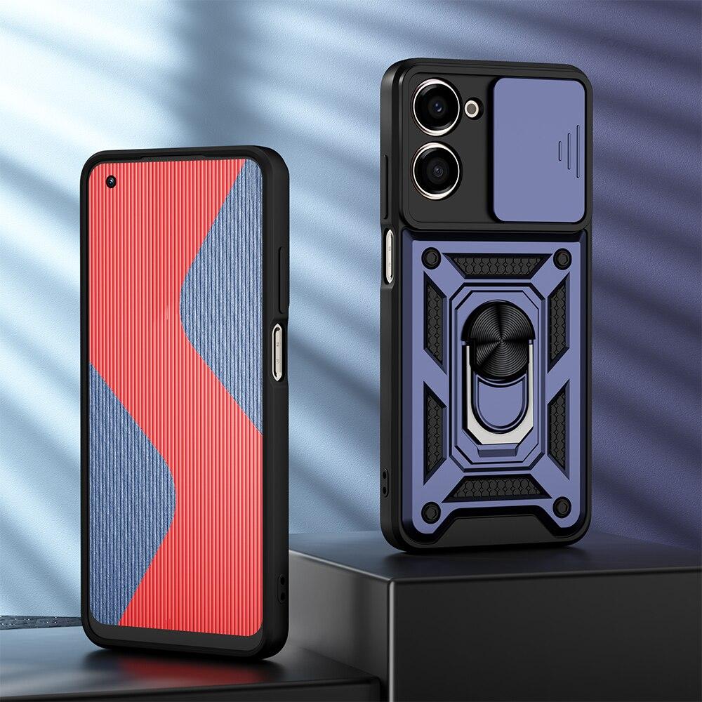COMAKU Cover Armor Per Realme C35 4G: Custodia TPU+PC Antiurdo Con Anello Supporto E Copriobiettivo Scorrevole - Blu