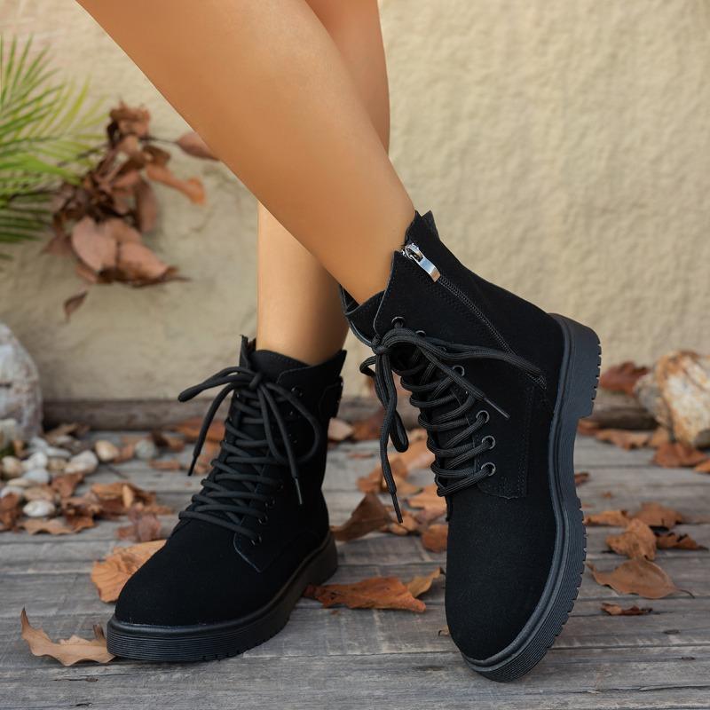 Lace-up Suede Booties Autumn New Round Toe Soft Sole Anti-slip Wear-resistant Flats