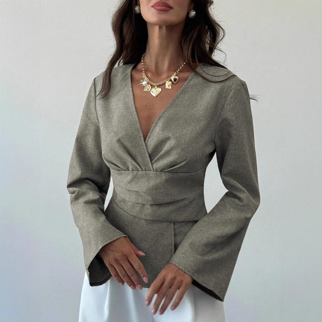 Women's V Neck Fashion Commuter Waist Pleated Asymmetric Hem Women's Shirt Long Bell Sleeve Tops for Women