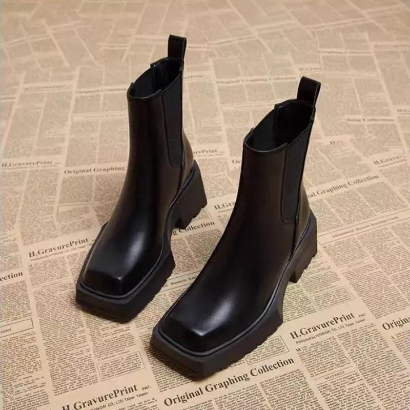 Classic Women's Boots High Quality Chelsea Leather Boots Square Head Design Womens Ankle Boot Leisure Platform Boots Botas Mujer