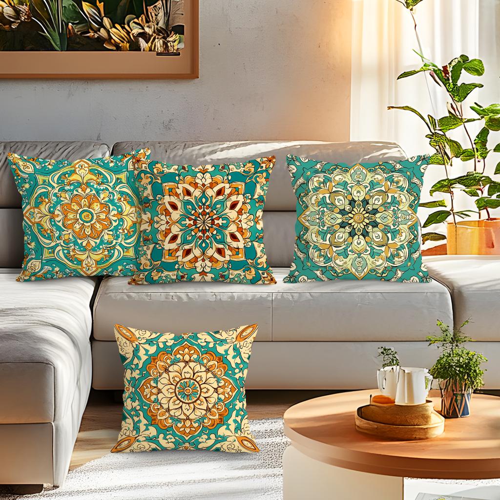 4 Pcs Bohemian Geometric Floral Single-Sided Printed Pillowcase Cushion Cover,Suitable For Living Room,Bedroom,Car Decoration