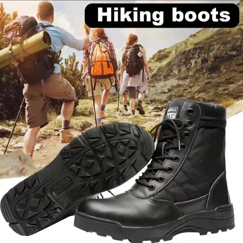 Men's Outdoor High-top Leather Boots Tactical Military shoe Black Thick-soled Lightweight Wear-resistant no slip Hiking footwear