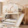 Children's Bunk Bed 90 X 200 Cm, House-Shaped with Curved Windows, with Storage Ladder and Slide, Drawers, Double Bed, Wood Color