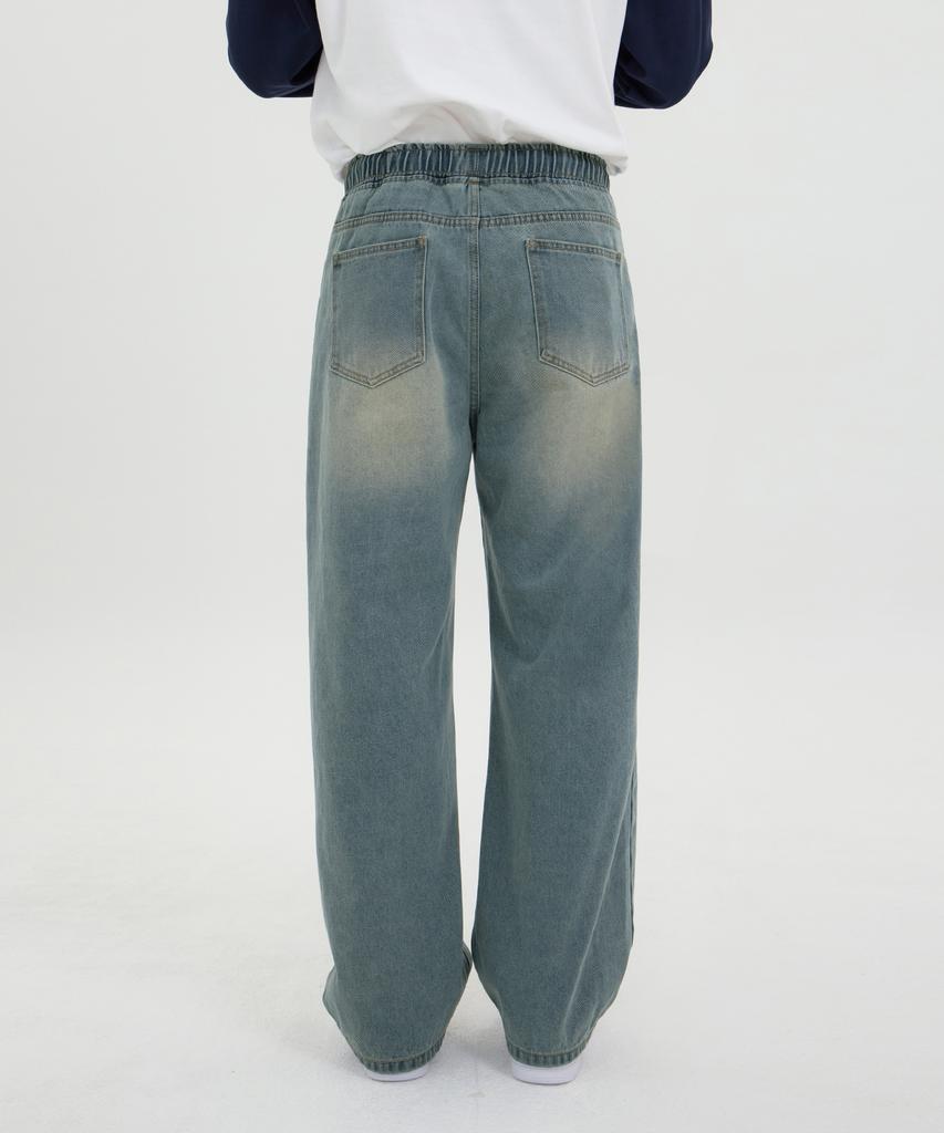 Akeusi Easy Fit Elastic Waist Wide Denim Pants Unisex (Light Blue)