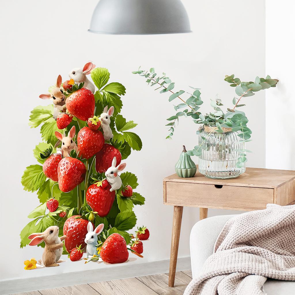 Cute Rabbit Strawberry Tree Wall Sticker Cartoon Creative Self-Adhesive Removable Kitchen Bedroom Home Decor Art