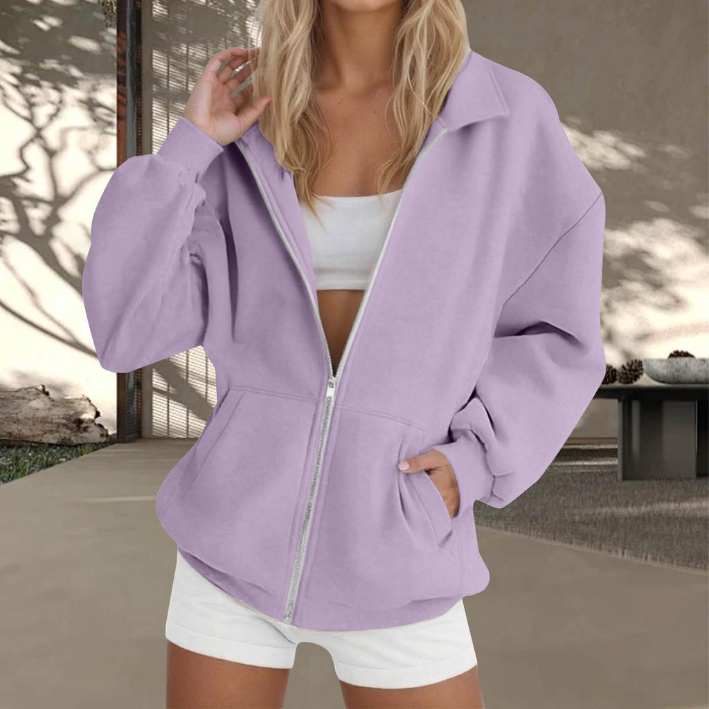 Women's  Fashion Zipper Hoodie Long Sleeve Hooded Pullover Sweatshirt Casual Solid Color Tops With Pockets