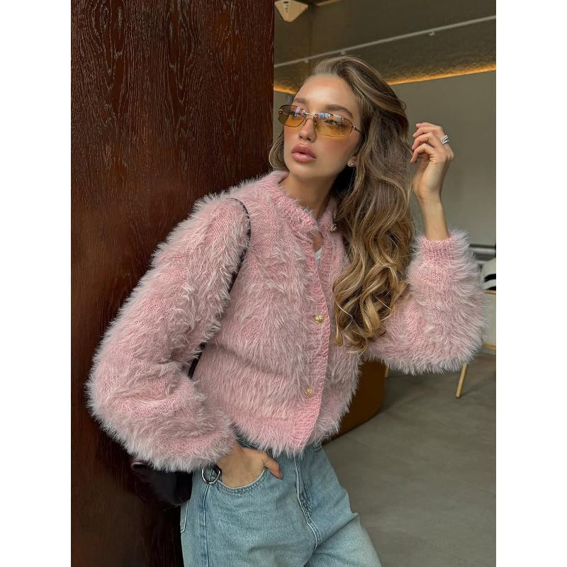 Women's Crew Neck Cardigans Button Up Long Sleeve Chunky Knit Casual Winter Fall Sweater Coats Fuzzy Cardigan Sweater Slouchy Knit Sweaters for Women