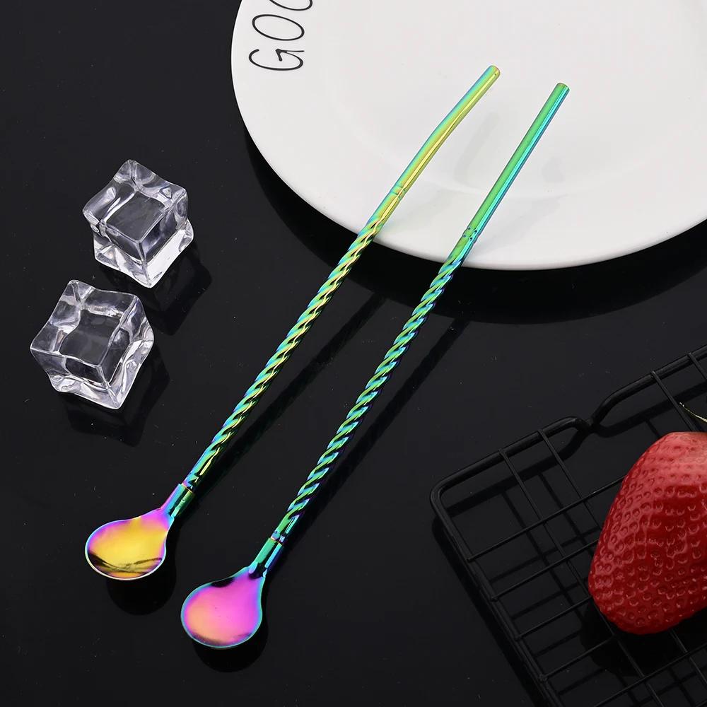 10Pcs/Set Straw Spoon Portable Black Tea Scoop Reusable Colored Stainless Steel Straws Colorful Dinnerware Set For Bar Party