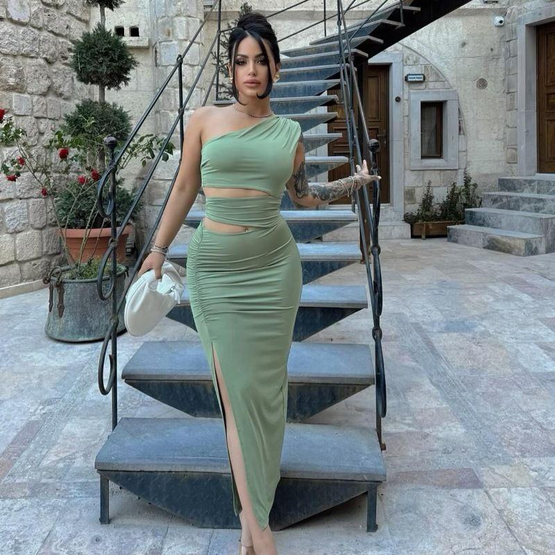 Fashion 2024 Summer Pure Color New Arrival Slim-Fit Oblique Shoulder Sexy Cutout Sexy Split Irregular Dress