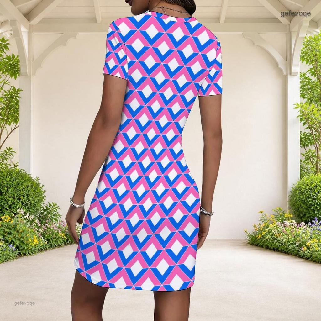 Women Plus Size Round Neck Short Sleeve Abstract Printed Fitted Mini Dress