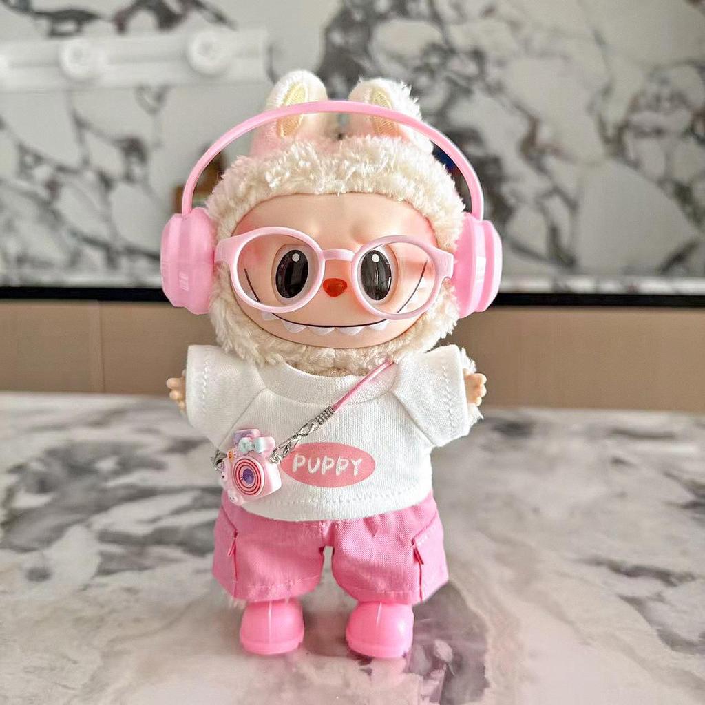 Vestiti per Bambola Labubu di Prima, Seconda, Terza Generazione 17cm con Cuffie, Occhiali, Set Sportivo da Tennis Rosa