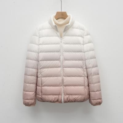 Vêtements pour femmes Automne et Hiver Nouveau 90% duvet Veste en duvet légère et fine pour femmes Col montant Changement progressif de couleur Manteau contrasté