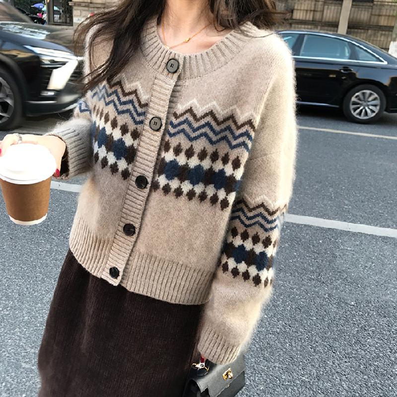 Korean vintage print loose sweaters outer wear spring autumn women's clothing knitted cardigan top sweater cardigan jacket women