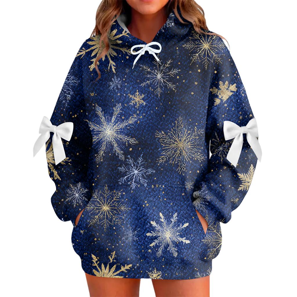 Ladies' Christmas Printed Bow Long Sleeved Loose Fitting Headband With Rope Hooded Sweatshirt Top