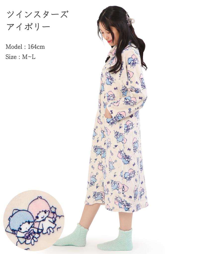 SAZAC KikiLala Nightgown Pajama Dress, Women's, Fluffy Twin Stars Print, Long Sleeve, Open Front, Fall/Winter Flannel Loungewear (Ivory/M-L/san1983)