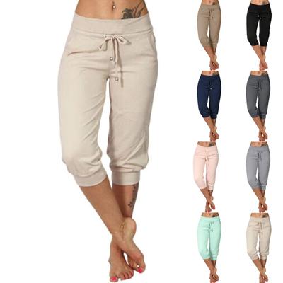 Damenmode, lässig, einfarbig, elastische Taille, Kordelzug, Spitze, abgeschnittene Hose