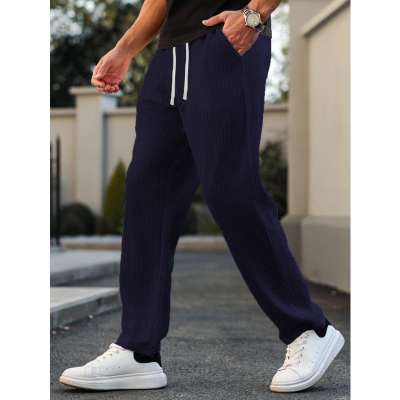 Men Drawstring Elastic Waist Textured Straight Leg Pants Loose Casual Lightweight Trousers