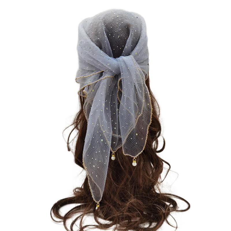 Versatile Pearl Tassel Rhinestone Square Scarf Lace Trim Hair Wrap Full Sky Star Headwrap Solid Color Breathable Fabric Scarf