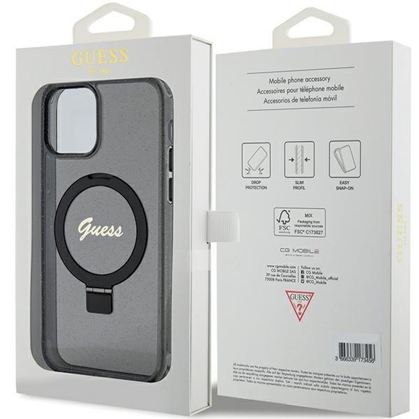Guess Guhmp12Mhrsgsk Iphone 12/12 Pro 6.1 Black Hardcase Ring Stand Script Glitter Magsafe