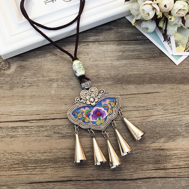 Retro Long Fashion Classical Embroidery Fringed Necklace Temperament Wind Chimes Pendant Miao Sweater Chain Accessories