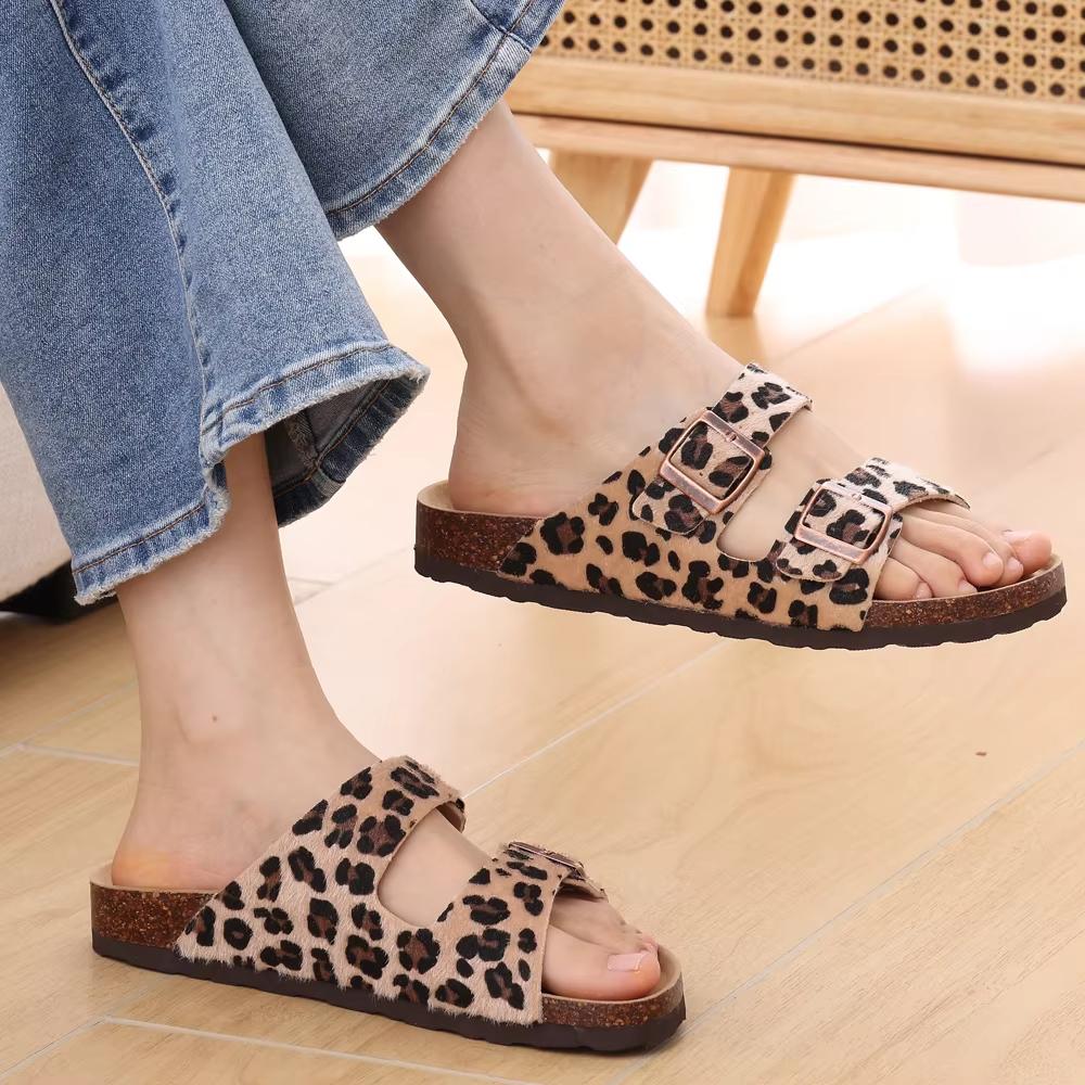 Fashion Crestar Women's Clogs Sandals Fashion Cork Footbed Platform Leopard Slides With Double Buckle Outdoor Lady Flat Casual Slippers