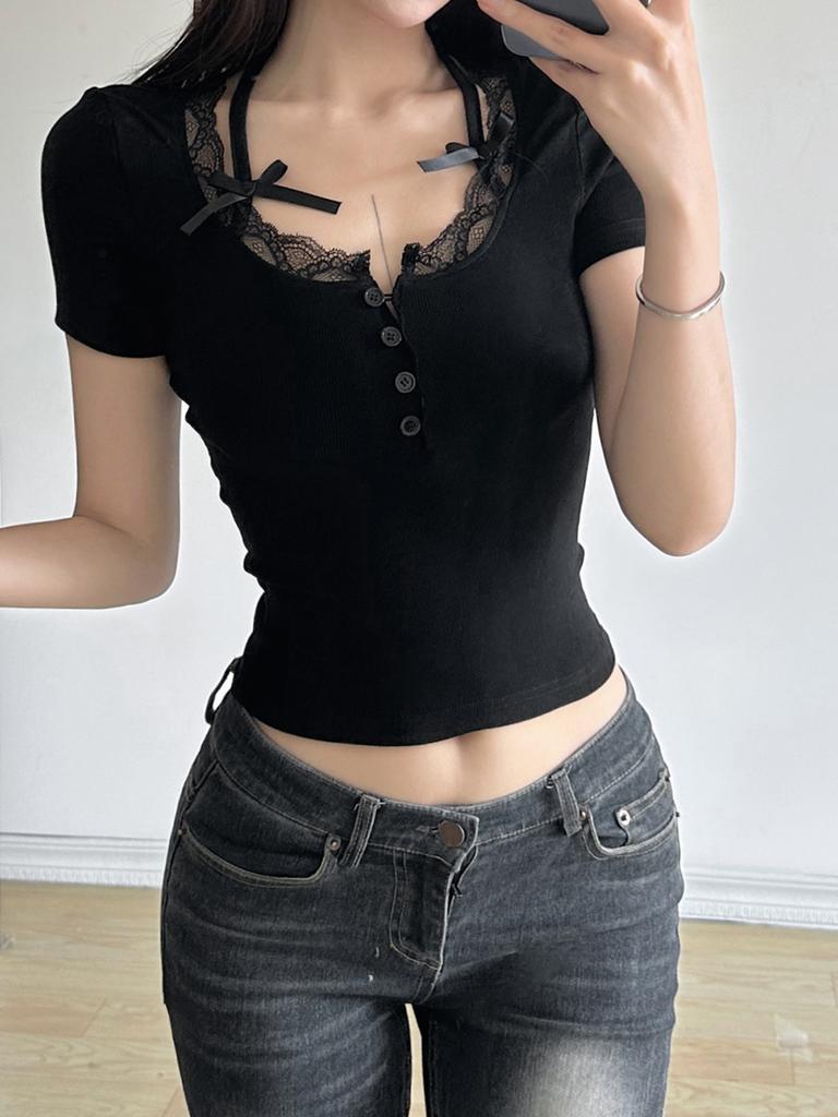 Neckholder-Spitzenbesatz, Schleife, süßes schwarzes Y2K-T-Shirt für Damen mit Knopfleiste, schmale Kurzarm-T-Shirts in Weiß, süße Balletcore-Kleidung