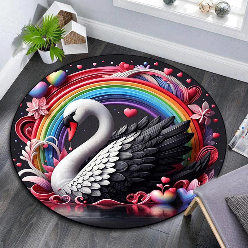 

1pc Soft, Absorbent & Non Slip Rainbow and White Swan Round Rug Soft Circle Rug for Living Room & Bedroom Decor, Chair Mats, and Unforgettab 80cm by 80cm
