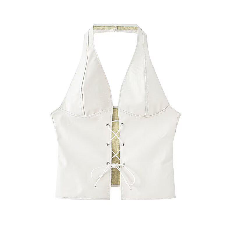 2025 Spring Women's Euro-American Style Halter Tie-Up Cutout PU Crop Vest