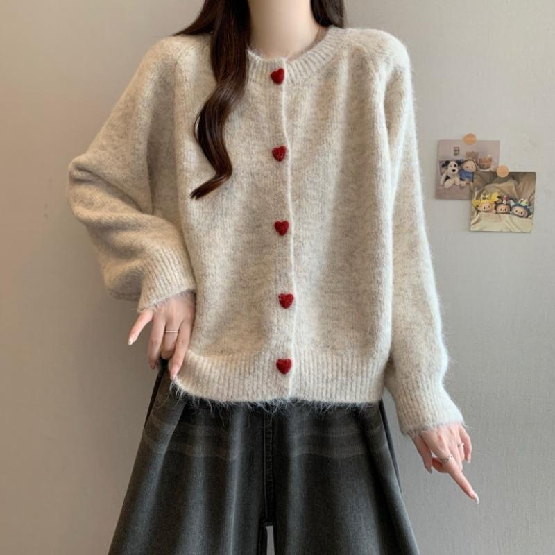 Love Single-breasted Age-reducing Soft Waxy Sweater Jacket Women's Autumn and Winter Loose and Thin Shoulder Sleeves Knitted Top Cardigan