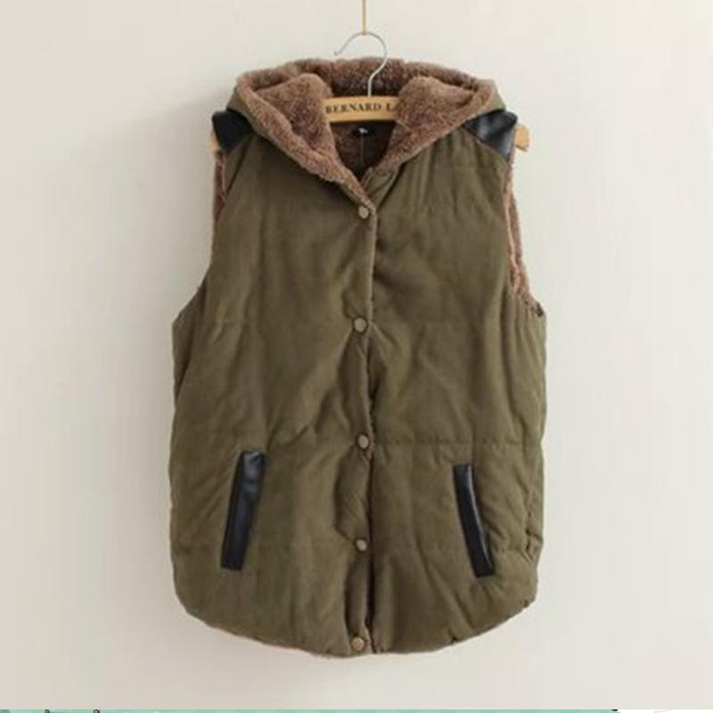 Women Coat Vest Coral Cotton Leather Fleece Hooded Patchwork for Female Outerwear Waistcoat